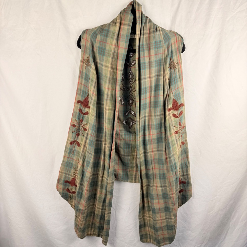 Kyla Seo Embroidered Plaid Lagenlook Vest Small Green Brown Boho Fairygrunge